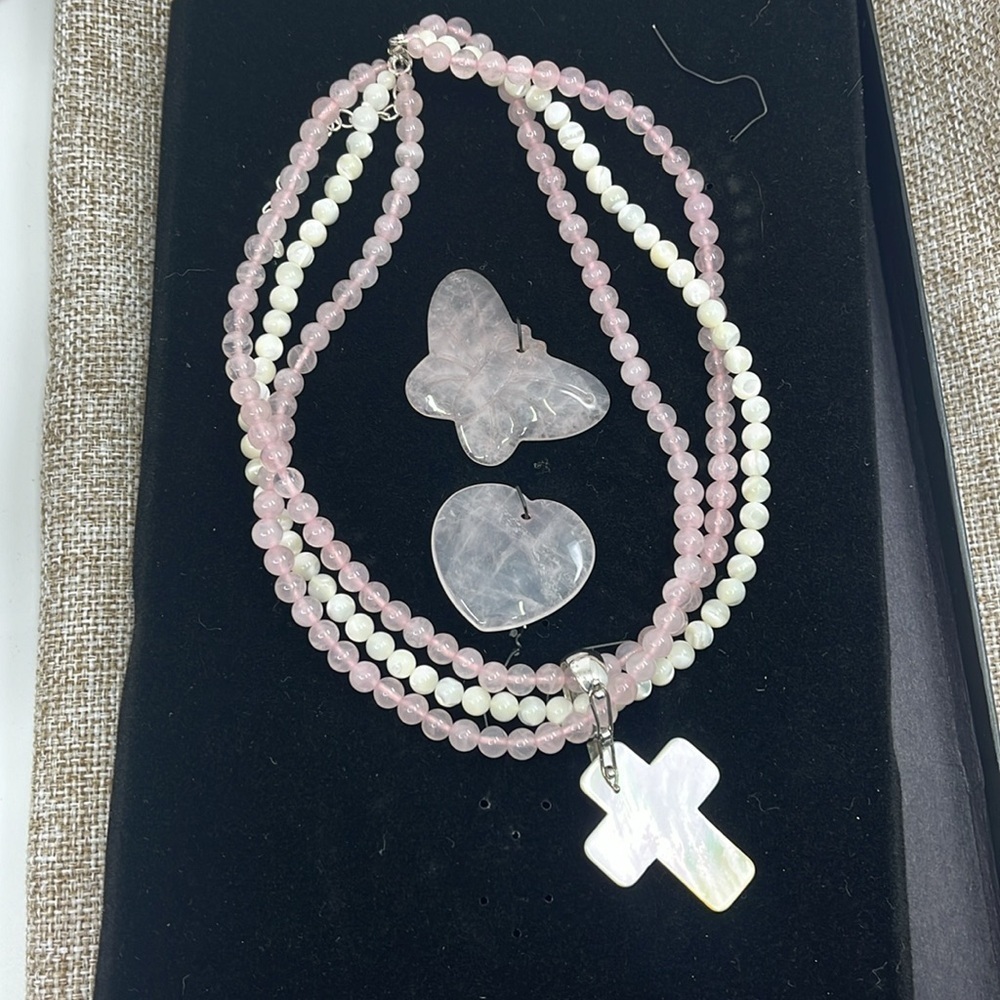 Vintage Rose Quartz Pearl Necklace Set - Mother-of-Pearl Cross Pendant - Picture 11 of 16